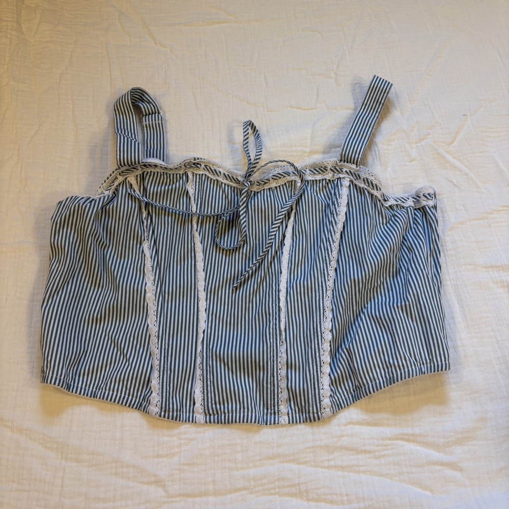 Watermelon Sugar Corset Camisole Lace Trim Cotton Blue Stripe Smocked XL